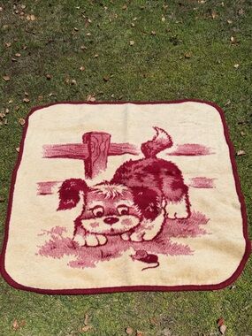 VTG San Marcos Playful Puppy & Mouse Plush Reversible Blanket Maroon Cream 41x42